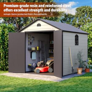 Oakville Furniture Storage shed 8x9.2 ft, Resin Garden Storage, Patio Storage Sheds Outdoor with Floor Waterproof, Outdoor Sheds Garden Tools Bike Shed, Garden Sheds & Outdoor Storage, Brown