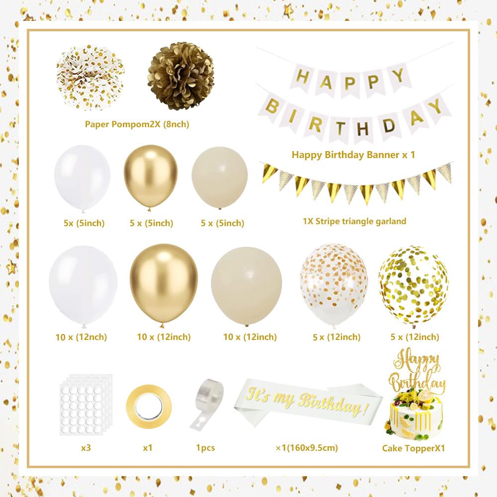 GYESXYW White and Gold Party Decorations, Sandy White Golden Birthday Decorations, Happy Birthday Banner, White Gold Birthday Sash and Confetti Balloons Birthday Decor for Women Girls Men Boys