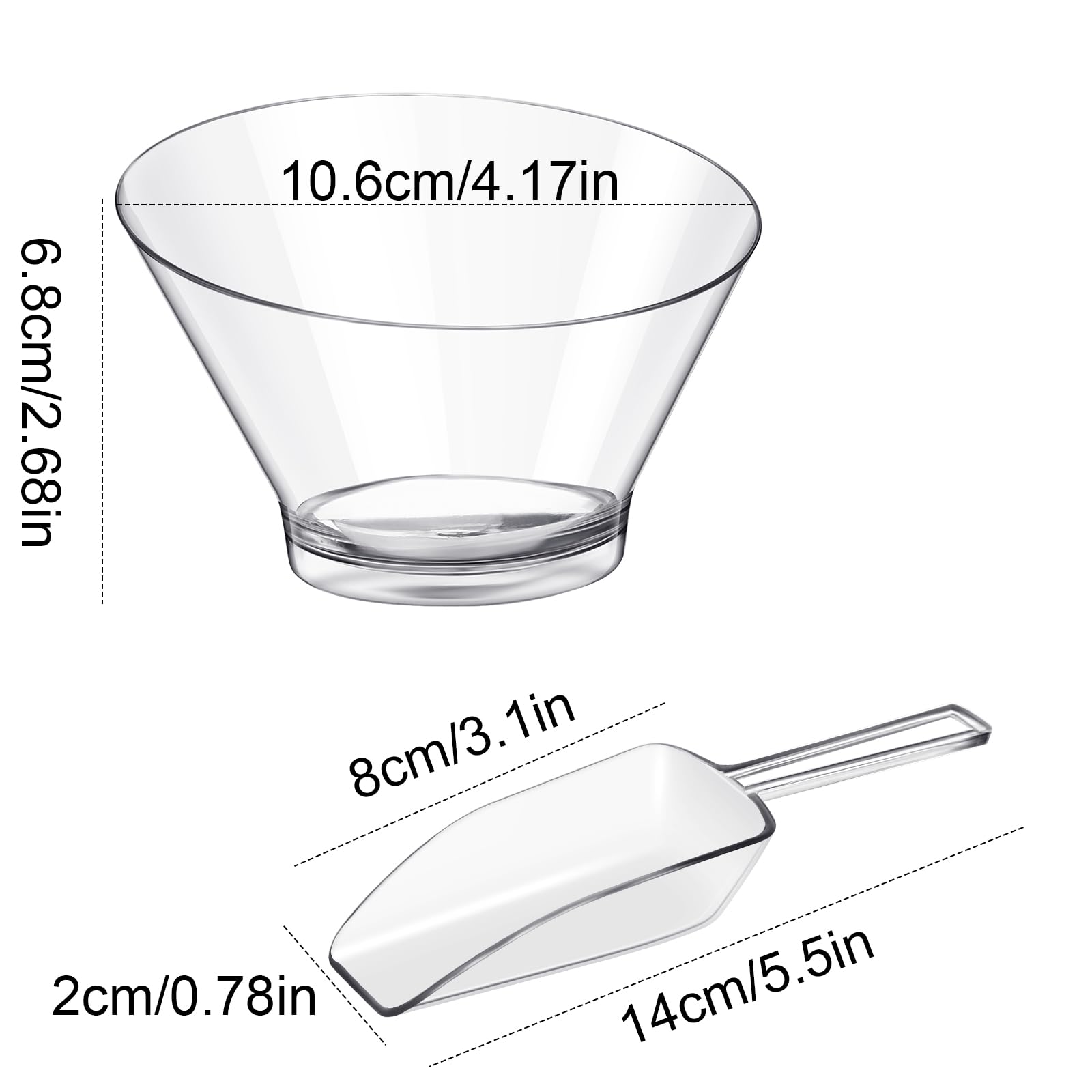 Sawysine 12 Pcs Plastic Clear Serving Bowls with Kitchen Plastic Scoops Salad Serving Bowls Popcorn Scoops Angled Candy Bowl for Salad Cooking Parties, 210 ml