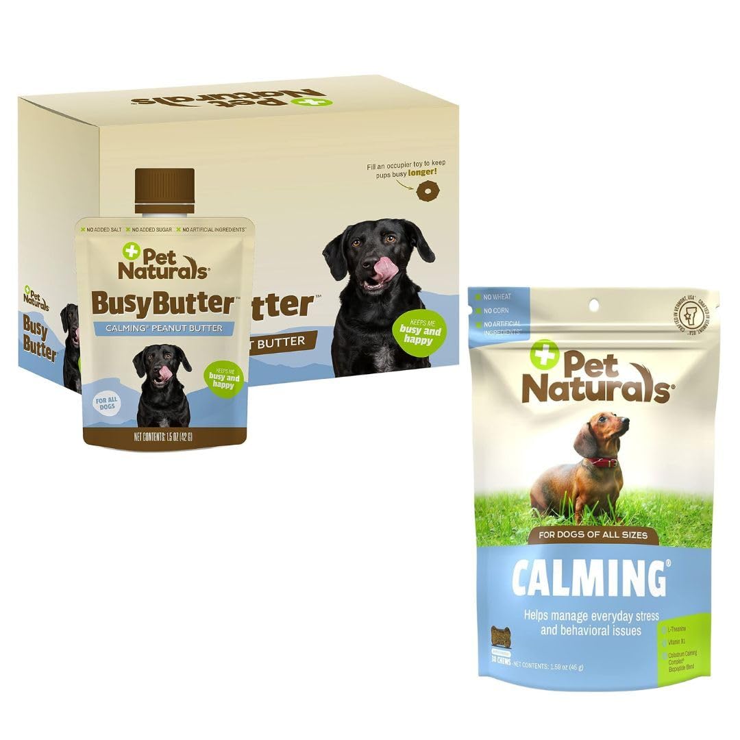 Pet Naturals BusyButter Easy Squeeze Calming Peanut Butter for Dogs, 6 Pouches & Calming Treats for Dogs, 30 Chews