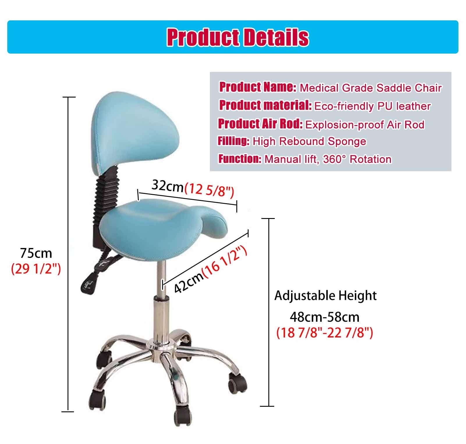 NUNETH Saddle Chair Dental Hygienist, 48-58 Cm Saddle Stool Rolling Chair with Adjustable Back Rest, Ergonomic Medical Salon Chair for Hospital (Color : Blue)