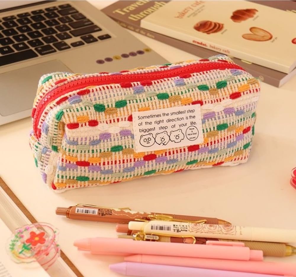 JHTPSLR Wool Knitting Pencil Pouch Colorful Knitting Wool Pencil Case Aesthetic Pencil Pouch Zipper Pen Bag Storage Bag Make Up Bag Stationery Organizer Bag for Office Travel (Multi)