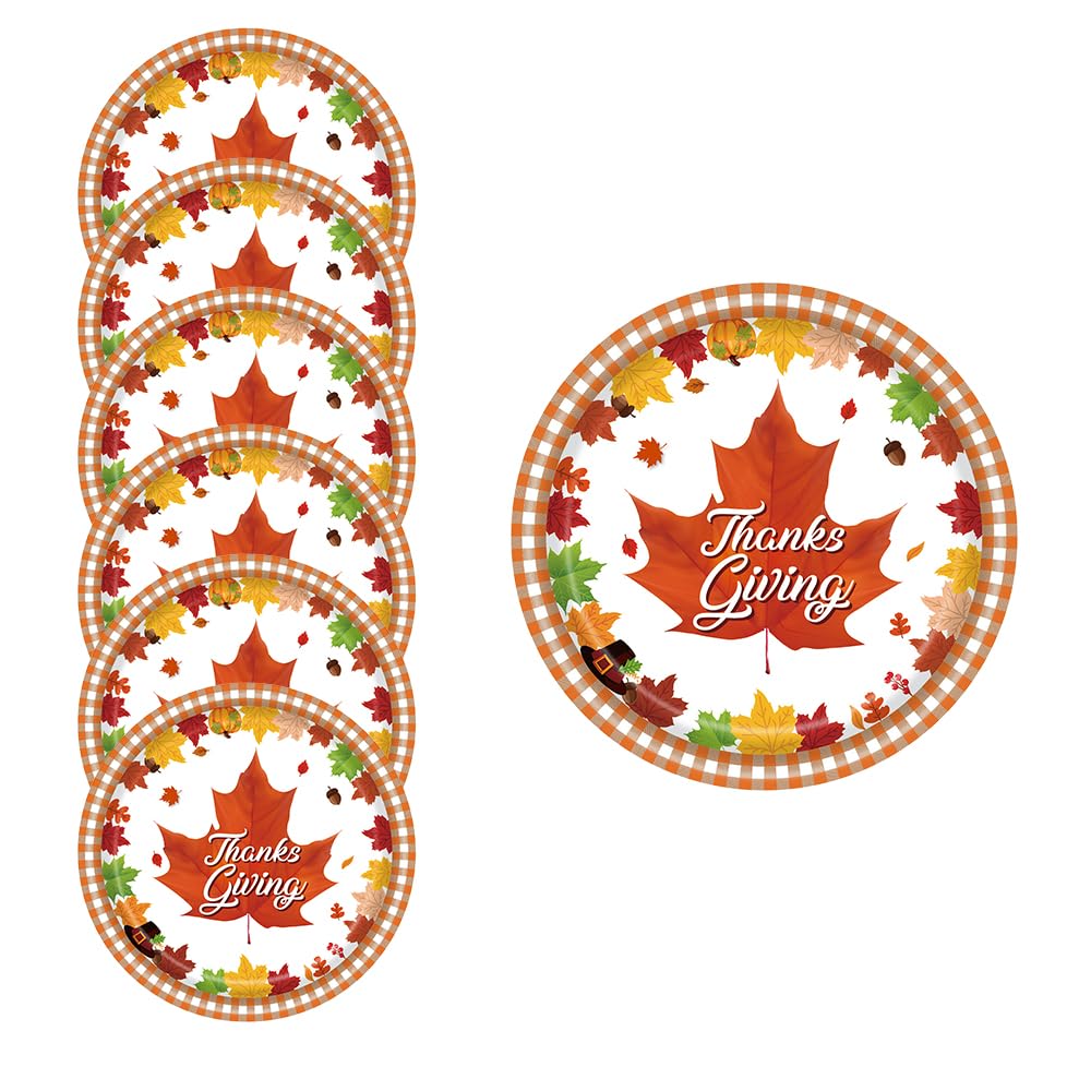 OBENIM HALIM 24 pcs Thanksgiving Fall Paper Plates Autumn Leaves Design Dessert Paper Plates For Disposable Holiday Thanks Theme Party Dinnerware