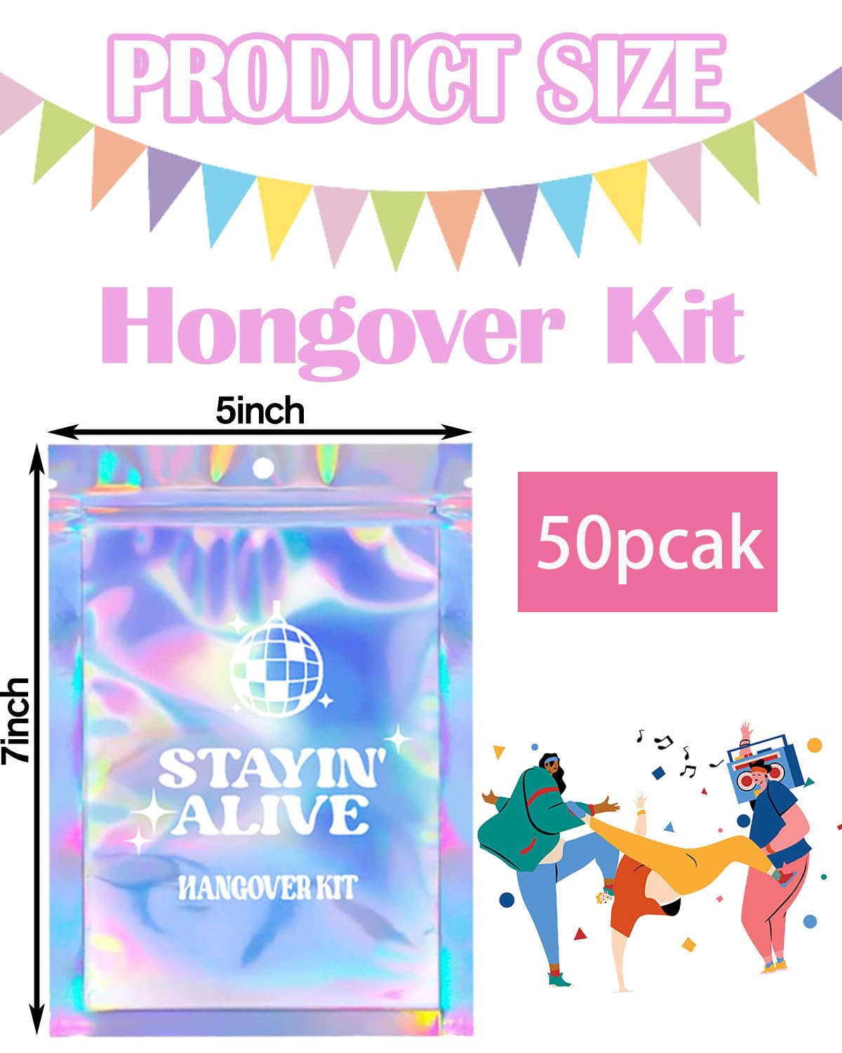 SILFGRLF Stayin' Alive Bachelorette Party Hangover Kits Bags, 50 Pcs Holographic Bags (5"x7") Bachelorette Party Supplies Last Disco Party Favors Printed