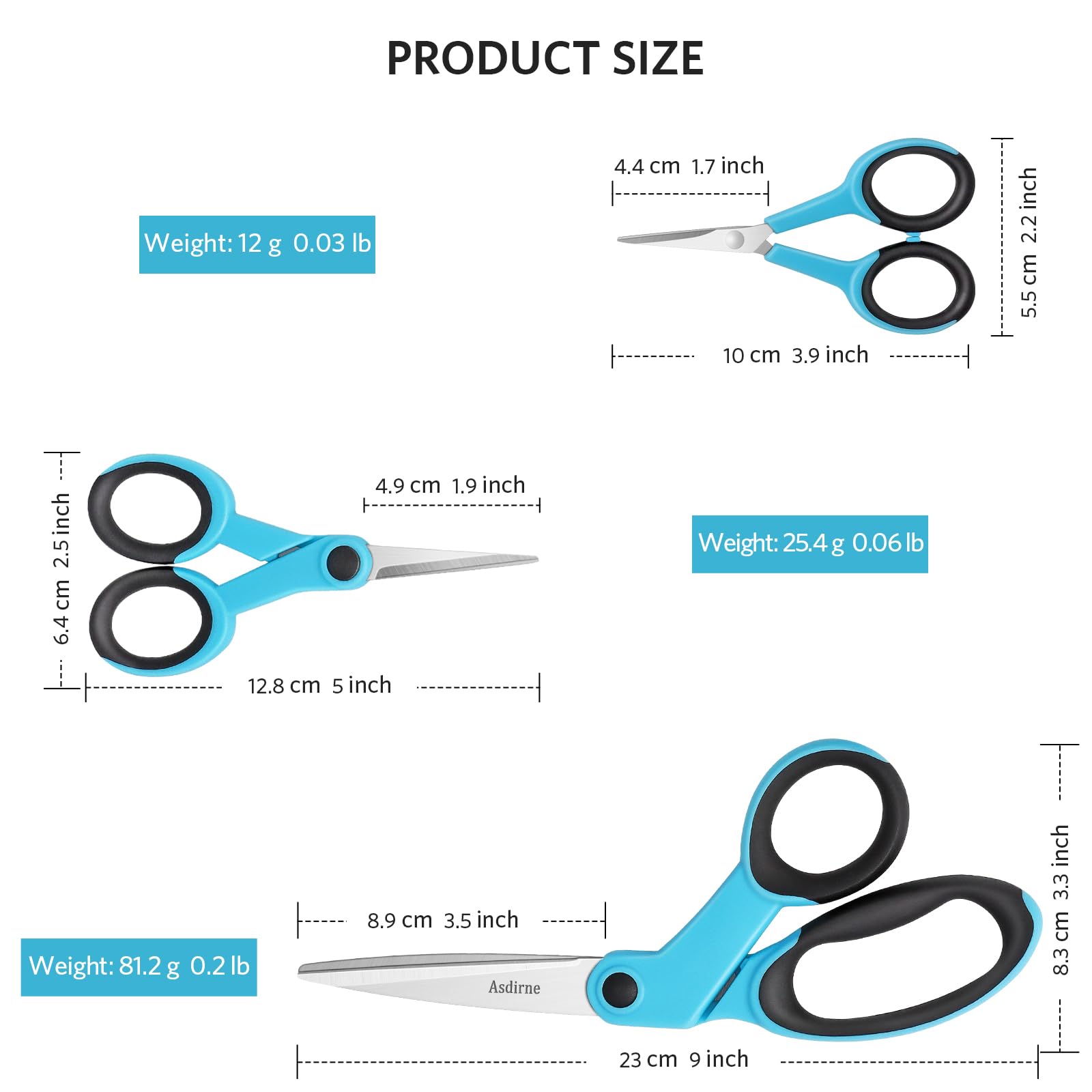 Asdirne Fabric Scissors, Scissors Set with Sharp Stainless Steel Blade and Soft Handles, Including Sewing Scissors, Craft Scissors and Embroidery Scissors, 3PCs, Blue/Black