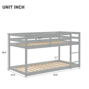 GEEVIVO Bunk Bed Twin Over Twin, Twin Size Floor Bunk Beds Frame with Ladder and Full Length Guardrail, Low Profile Wood Bunkbed for Kids, Boys, Girls, Literas para NiñOs, No Box Spring Needed (Gray)