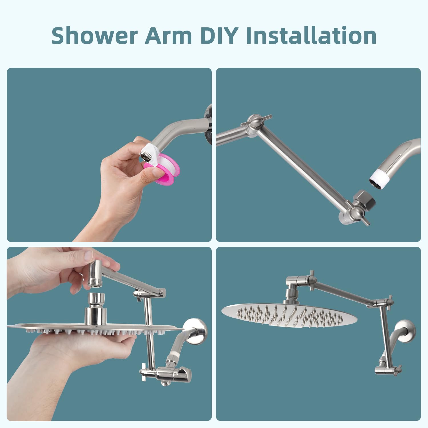 iFealClear Adjustable Shower Head Extension Arm, 16" Brass Shower Head Extender Lower Raise Rain & Fixed Showerhead to Your Height/Angle, G1/2 Shower Arm Extension with Lock Joint, Brushed Nickel