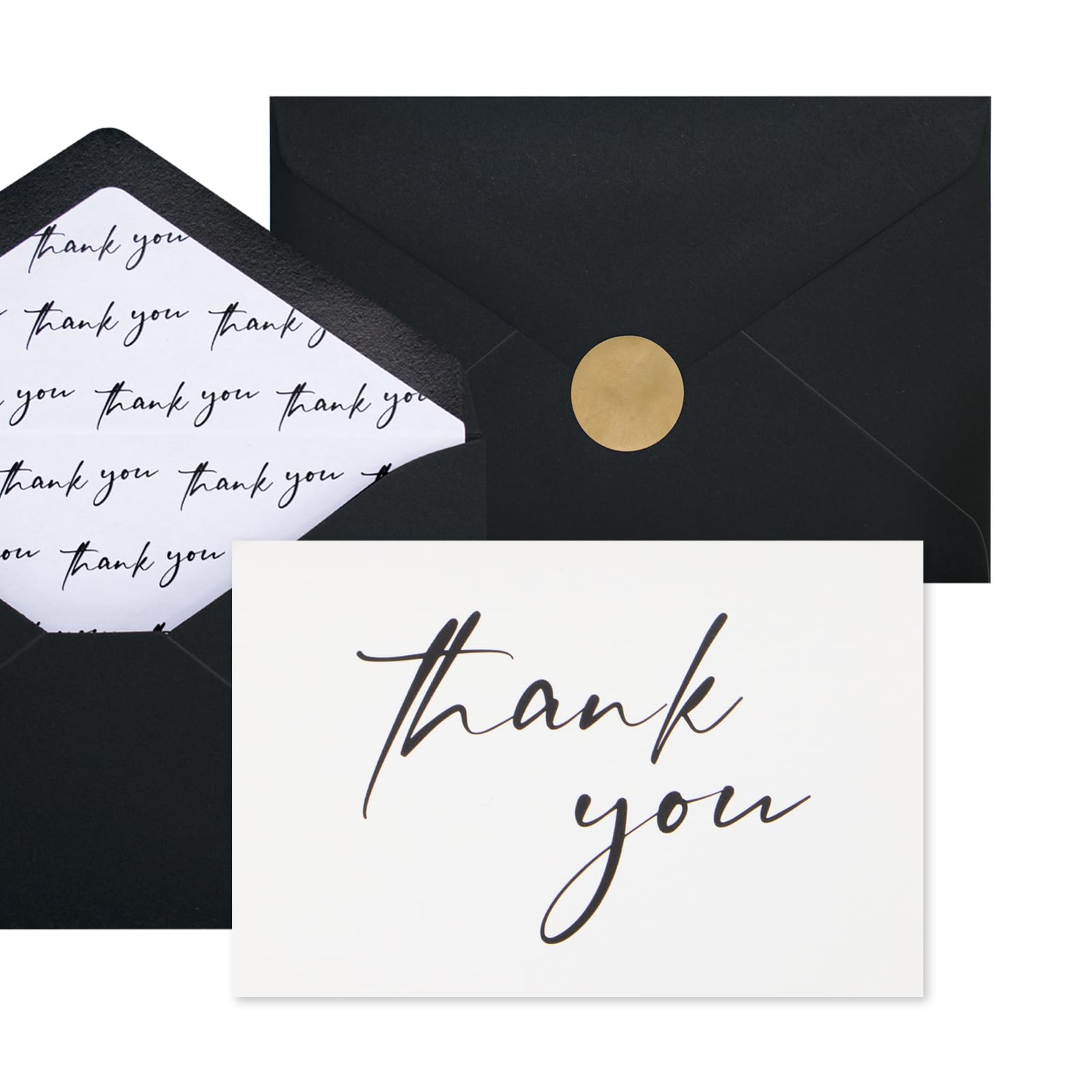 AZAZA 50 Pack Black Thank You Cards with Envelopes 4x6 inch, Bulk Thank You Notes 2 Minimalistic Designs, Funeral Thank You Cards with Envelopes & Gold Stickers for Graduation, Small Business