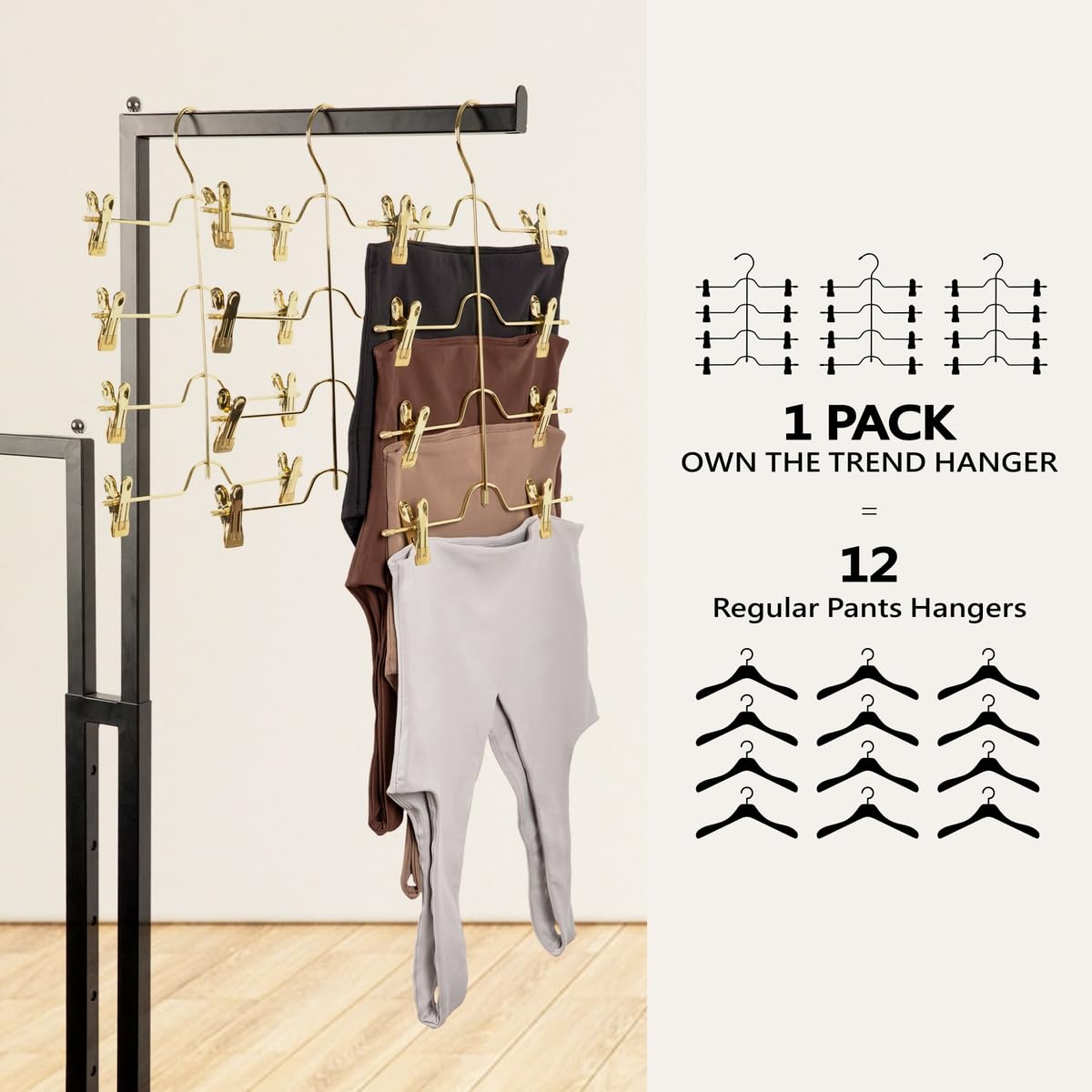 Skirt Hangers with Clips, Gold Hangers, 3 Pack Multi Pants Hangers, Best Skirt Hangers for Women with 360° Swivel Hook, Legging Hanger Space Saving