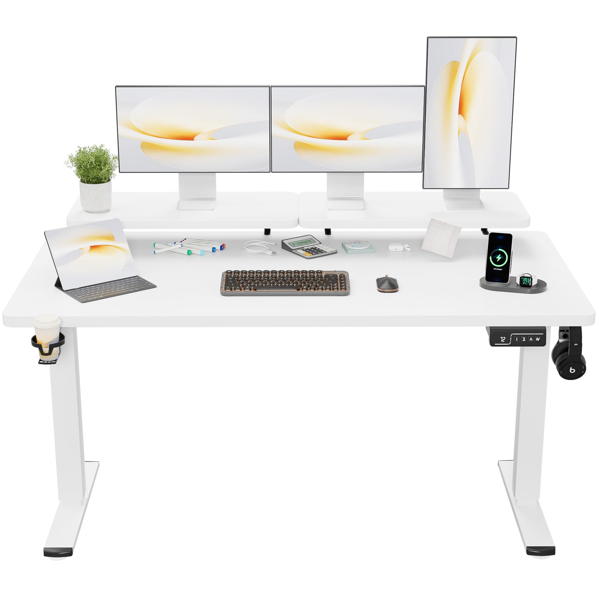 Shahoo Electric Standing Desk with Monitor Shelf, 63 x 27 Inches Height Adjustable Corner Table, Computer Workstation with Cup Holder and Hook for Home Office, White, 63x27 Inch