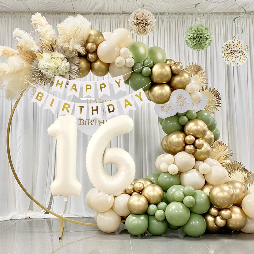 GYESXYW Sage Green 16th Birthday Decorations for Girls, Olive Green and Gold Sweet 16 Party Decorations Set, Happy Birthday Banner, Birthday Sash, Crown, Confetti Balloons for Her Party Supplies