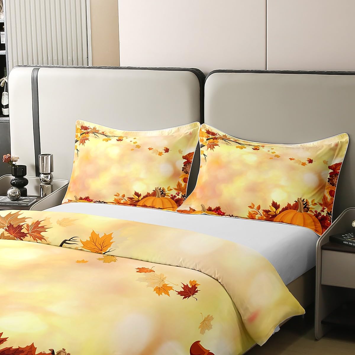 jejeloiu Fall Festival Bedding Set Full Pumpkin Maple Leaf Duvet Cover 100% Cotton Bedroom Decor Happy Fall Y'all Comforter Cover Set Women Men Bedspread Cover with 2 Pillow Case