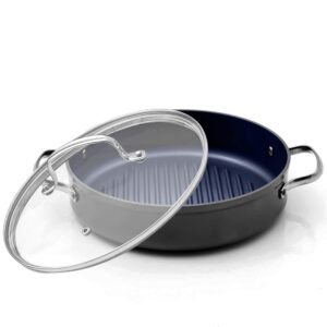 nuwave 3qt skillet forged grill pan, tempered glass lid, g10 healthy duralon blue ceramic ultra non-stick coating, oven & dishwasher-safe, induction & stove, evenly heats & durable, gray, pfas free