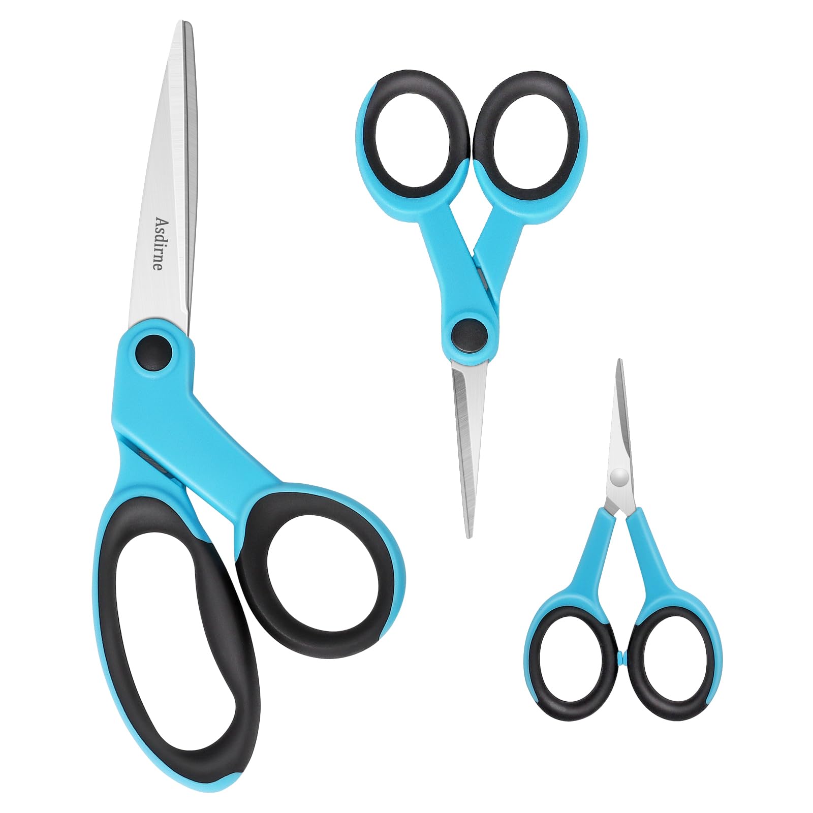 Asdirne Fabric Scissors, Scissors Set with Sharp Stainless Steel Blade and Soft Handles, Including Sewing Scissors, Craft Scissors and Embroidery Scissors, 3PCs, Blue/Black