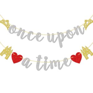 qttier once upon a time glitter banner, pre-assembled bridal shower banner for bachelorette, engagement, wedding party decoration supplies