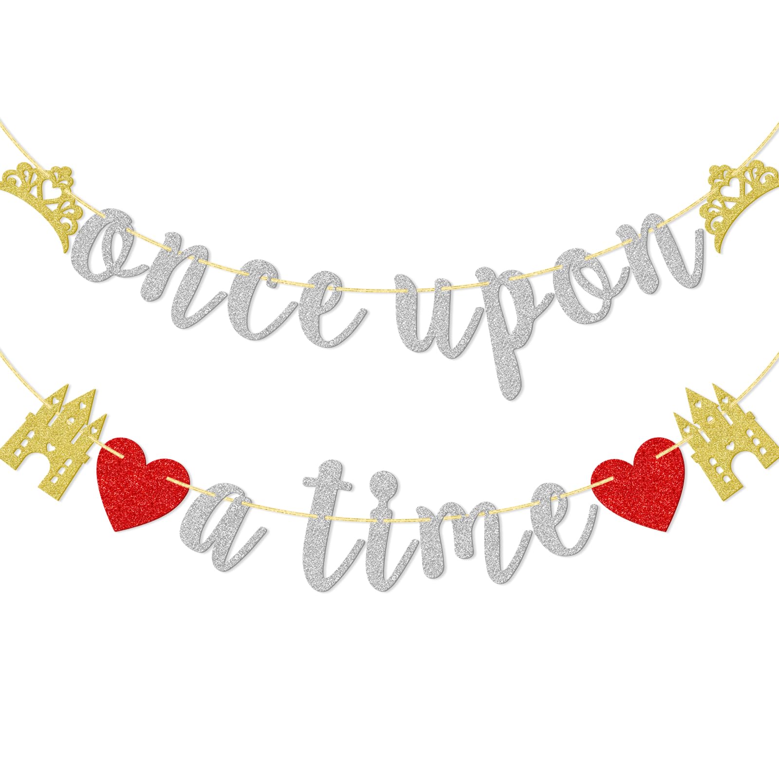 Qttier Once Upon A Time Glitter Banner, Pre-assembled Bridal Shower Banner for Bachelorette, Engagement, Wedding Party Decoration Supplies