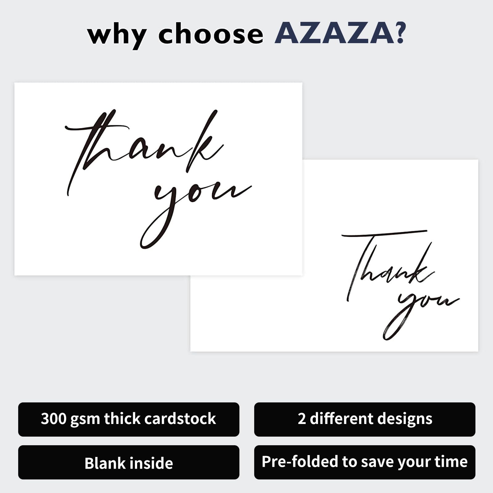 AZAZA 50 Pack Black Thank You Cards with Envelopes 4x6 inch, Bulk Thank You Notes 2 Minimalistic Designs, Funeral Thank You Cards with Envelopes & Gold Stickers for Graduation, Small Business