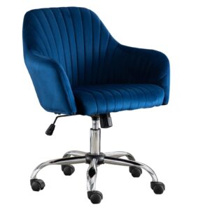 warmiehomy modern home office chair with wheels mid-back upholstered velvet computer task chair for small space, living room, make-up, studying, dark blue desk chair