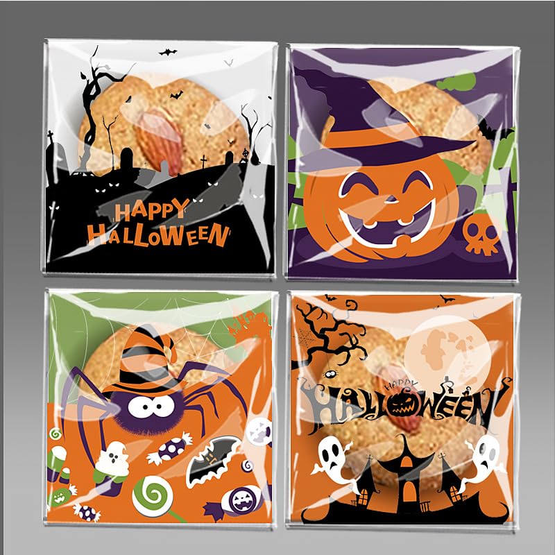 200Pcs Halloween Cellophane Candy Bags Self Adhesive Clear Cookie Treat Bags Gift Bags for Halloween Party Supplies (3.94 x 3.94 In)