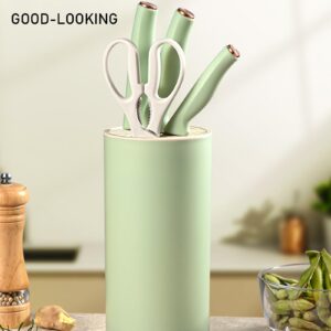 Kitchen Knife Set, 5 Pcs Green Professional Chef Knife Set with Block, Super Sharp Stainless Steel Cooking Knife Set Contains Round Stand, Knives, Scissors for Home Restaurant Apartment