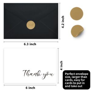 AZAZA 50 Pack Black Thank You Cards with Envelopes 4x6 inch, Bulk Thank You Notes 2 Minimalistic Designs, Funeral Thank You Cards with Envelopes & Gold Stickers for Graduation, Small Business