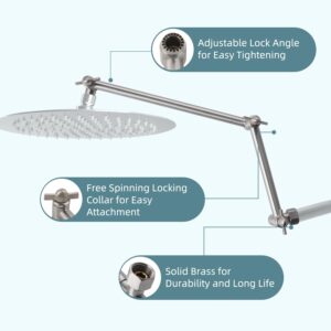 iFealClear Adjustable Shower Head Extension Arm, 16" Brass Shower Head Extender Lower Raise Rain & Fixed Showerhead to Your Height/Angle, G1/2 Shower Arm Extension with Lock Joint, Brushed Nickel