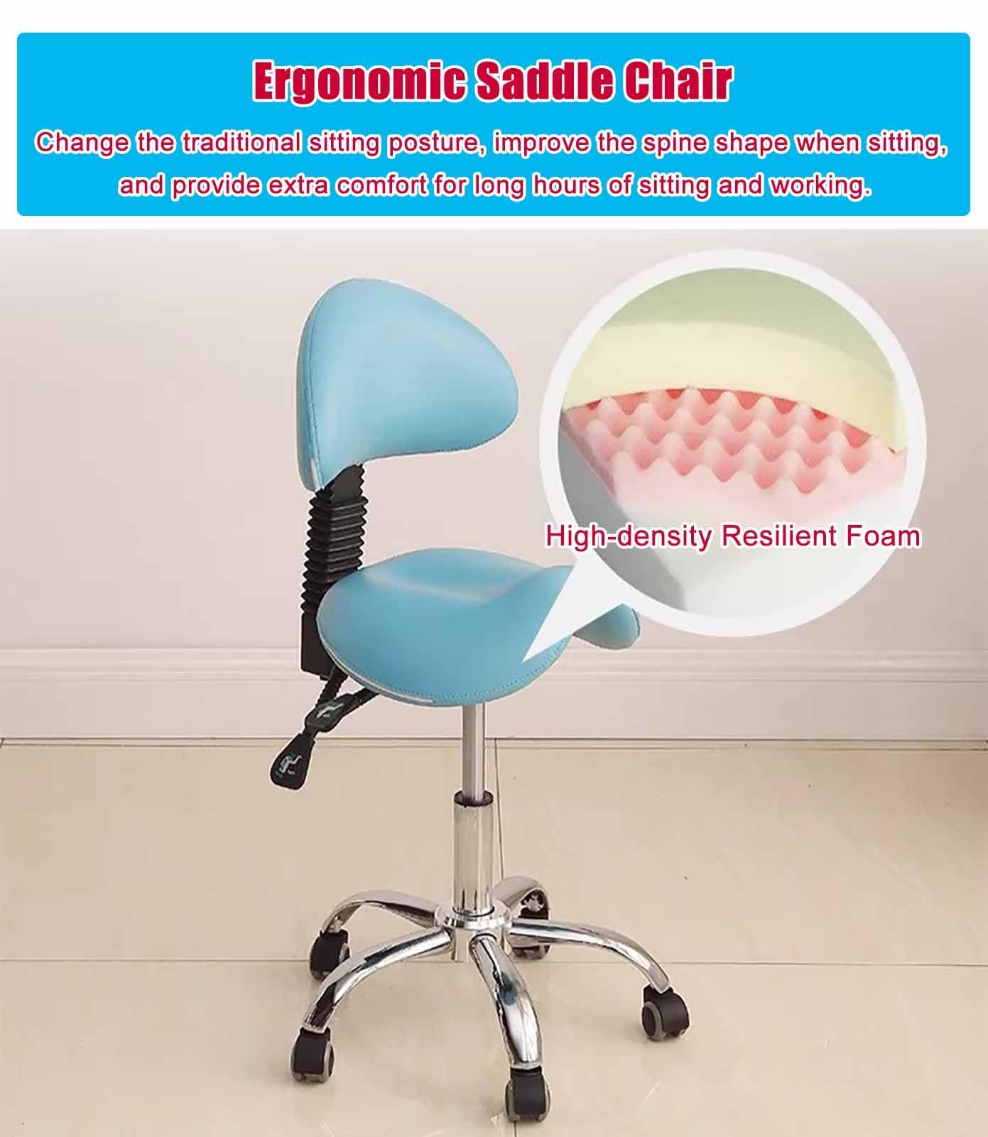 NUNETH Saddle Chair Dental Hygienist, 48-58 Cm Saddle Stool Rolling Chair with Adjustable Back Rest, Ergonomic Medical Salon Chair for Hospital (Color : Blue)