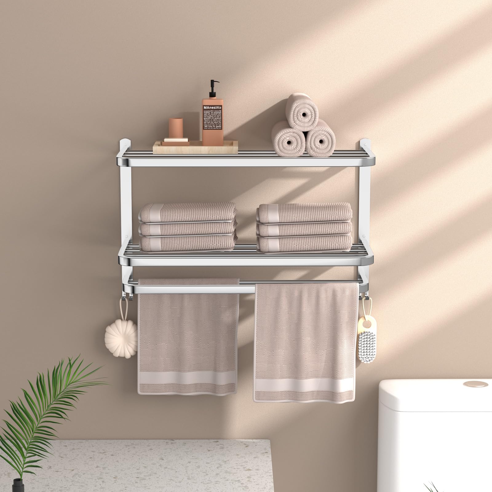 DDS-DUDES 3-Tier Towel Racks for Bathroom with Towel Bars Multilayer Hotel Towel Shelf Stainless Steel Wall-Mounted Brushed Finish Holder with Towel Shelves 23 Inches