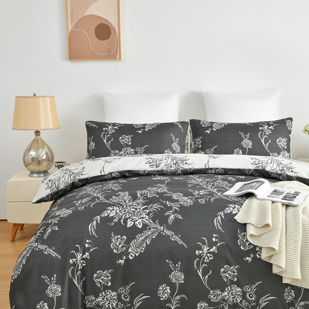 La Sheer Black Floral Duvet Cover King Size Garden Style Flower Microfiber Bedding Set with Zipper Smooth Soft Comforter Cover with 2 Pillow Shams(102x90 inches, 3 Pieces)