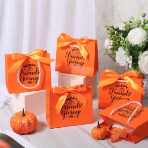 Tenceur 25 Sets Thanksgiving Gift Bags Friendsgiving Party Favor Orange Gift Bags with Handles Small Candy Bag with Bow Ribbon Friends Thanks Giving Party Gift Bag for Friend Guest, 5.51x4.72x2.36''