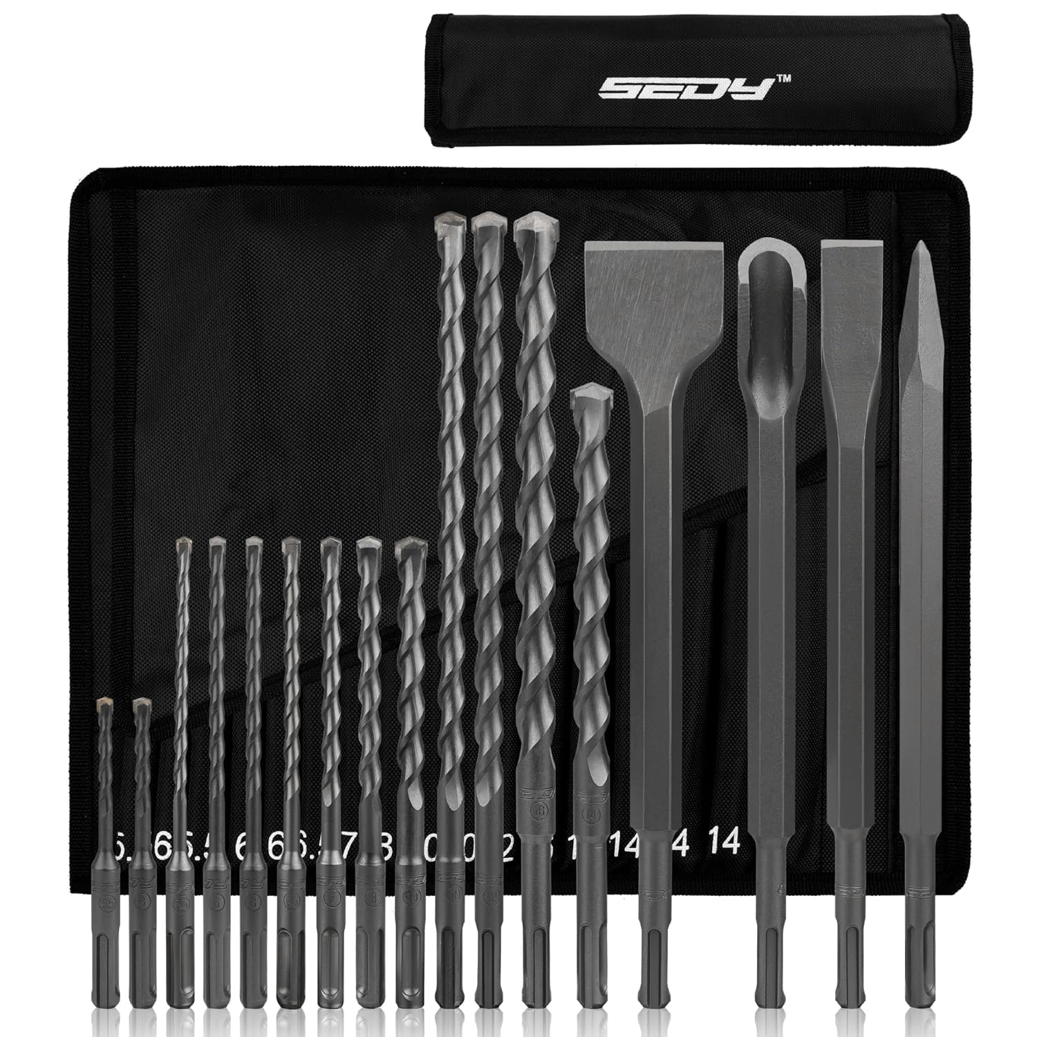 SDS-Plus Rotary Hammer Drill Bit Set - 17 Piece Heavy Duty Corded Electric Air Concrete Masonry Chipping Impact Removal Extension Rock Core Ground Floor Hole Thinset Brick Chisel Tool Storage Pouch