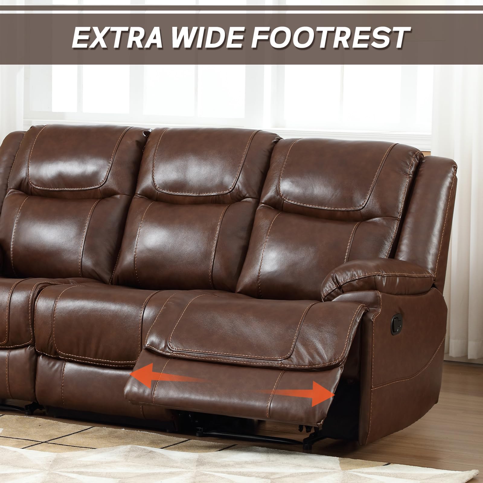 EBELLO Genuine Leather Manual Reclining Sofa, 3 Seat Recliner Sofa, Couch for Living Room, Bedroom Furniture, Meeting Room, Brown (3 Seat Sofa)