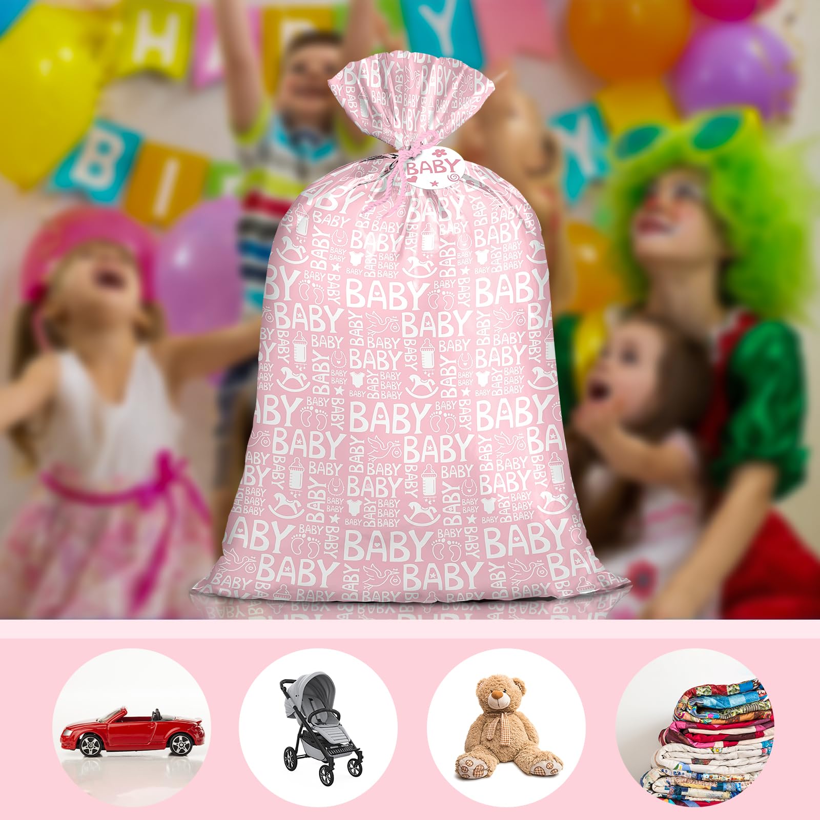 Loveinside Jumbo Large Plastic Gift Bag, Baby Girl Design Plastic Bag with Tag and Tie for Birthday, Baby Shower and Holiday - 56" x 36", 1 Pcs - Baby Pink