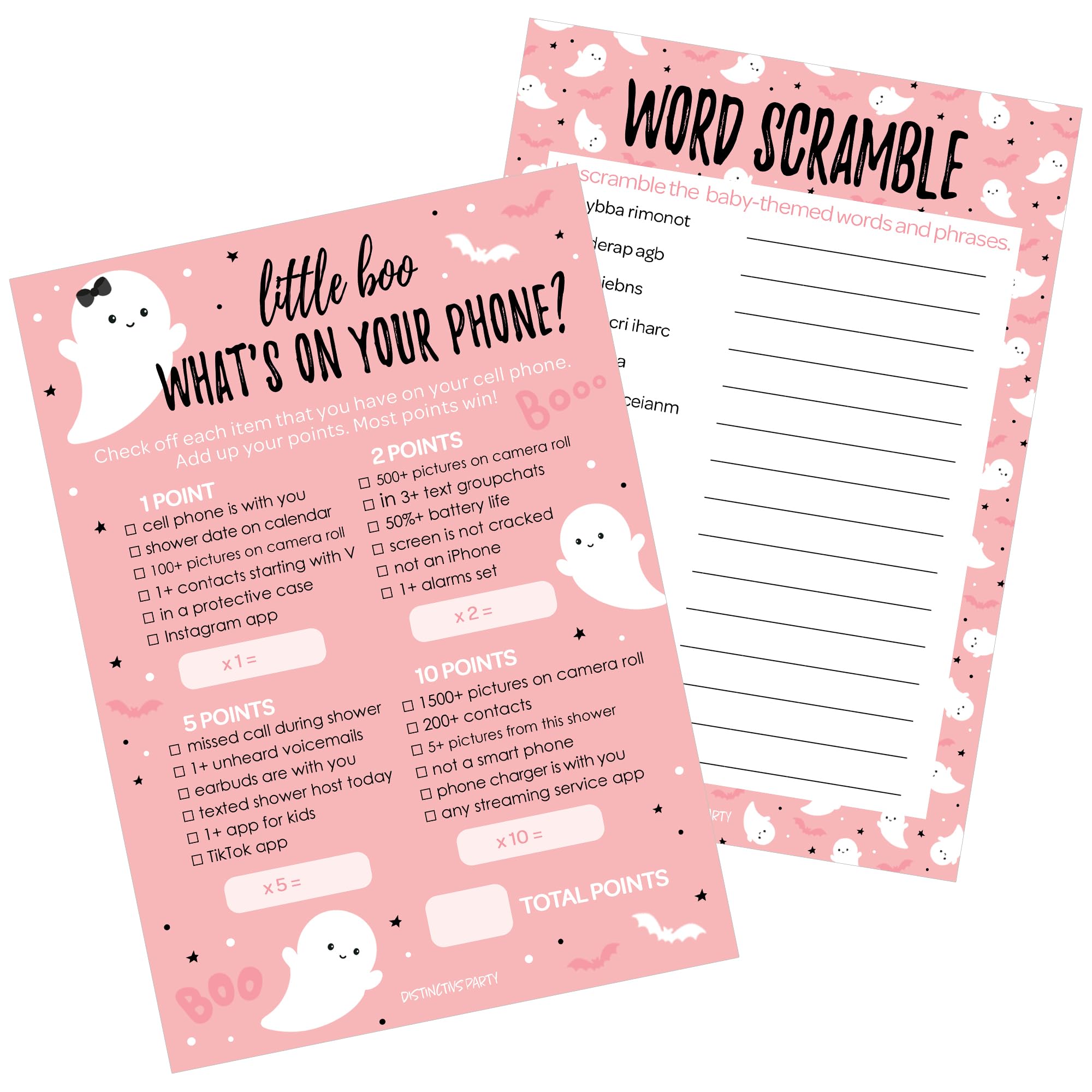 DISTINCTIVS Pink A Little Boo is Almost Due Girl Baby Shower Games - What's On Your Phone and Word Scramble (2 Game Bundle) - 20 Dual Sided Cards, Halloween Baby Shower