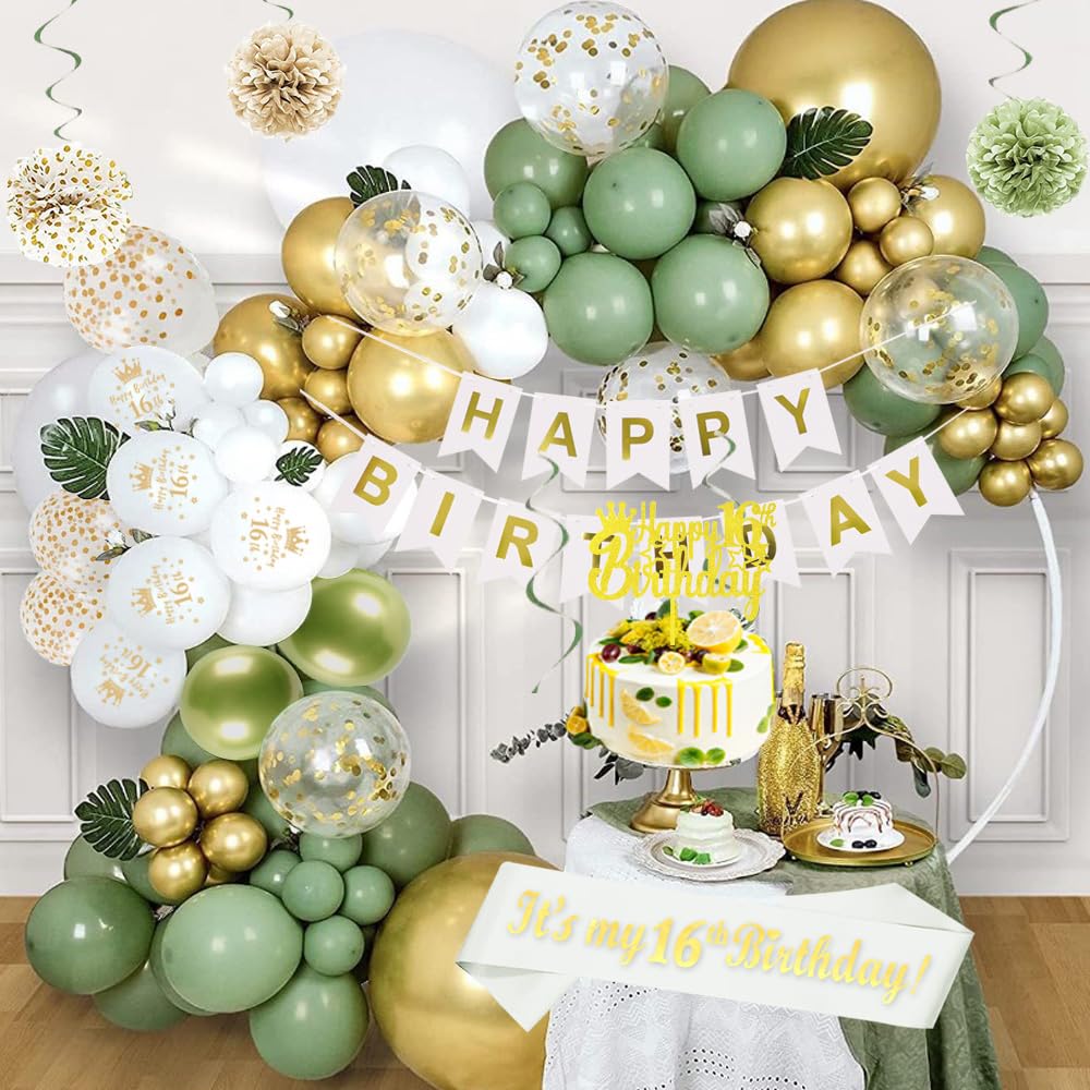 GYESXYW Sage Green 16th Birthday Decorations for Girls, Olive Green and Gold Sweet 16 Party Decorations Set, Happy Birthday Banner, Birthday Sash, Crown, Confetti Balloons for Her Party Supplies