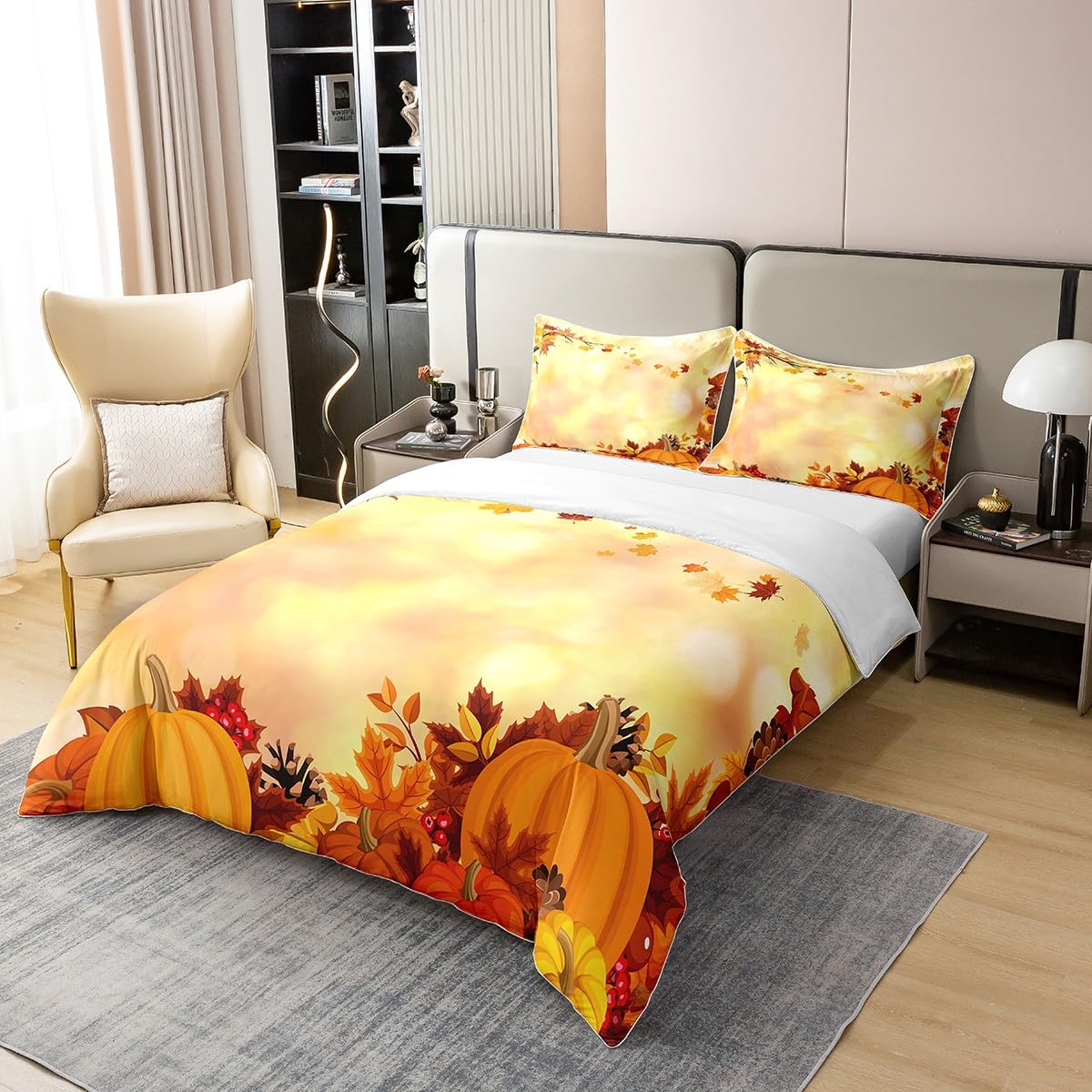 jejeloiu Fall Festival Bedding Set Full Pumpkin Maple Leaf Duvet Cover 100% Cotton Bedroom Decor Happy Fall Y'all Comforter Cover Set Women Men Bedspread Cover with 2 Pillow Case