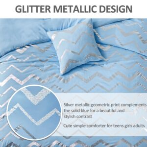 Menghomeus Blue/Silver Comforter Set Queen/Full Size Metallic Print Glitter Bed Comforter Cute Shinny Christmas Bedding for Teen Girls Kids Women, 4 Piece (2 Pillowcases, 1 Decorative Pillow Sham)