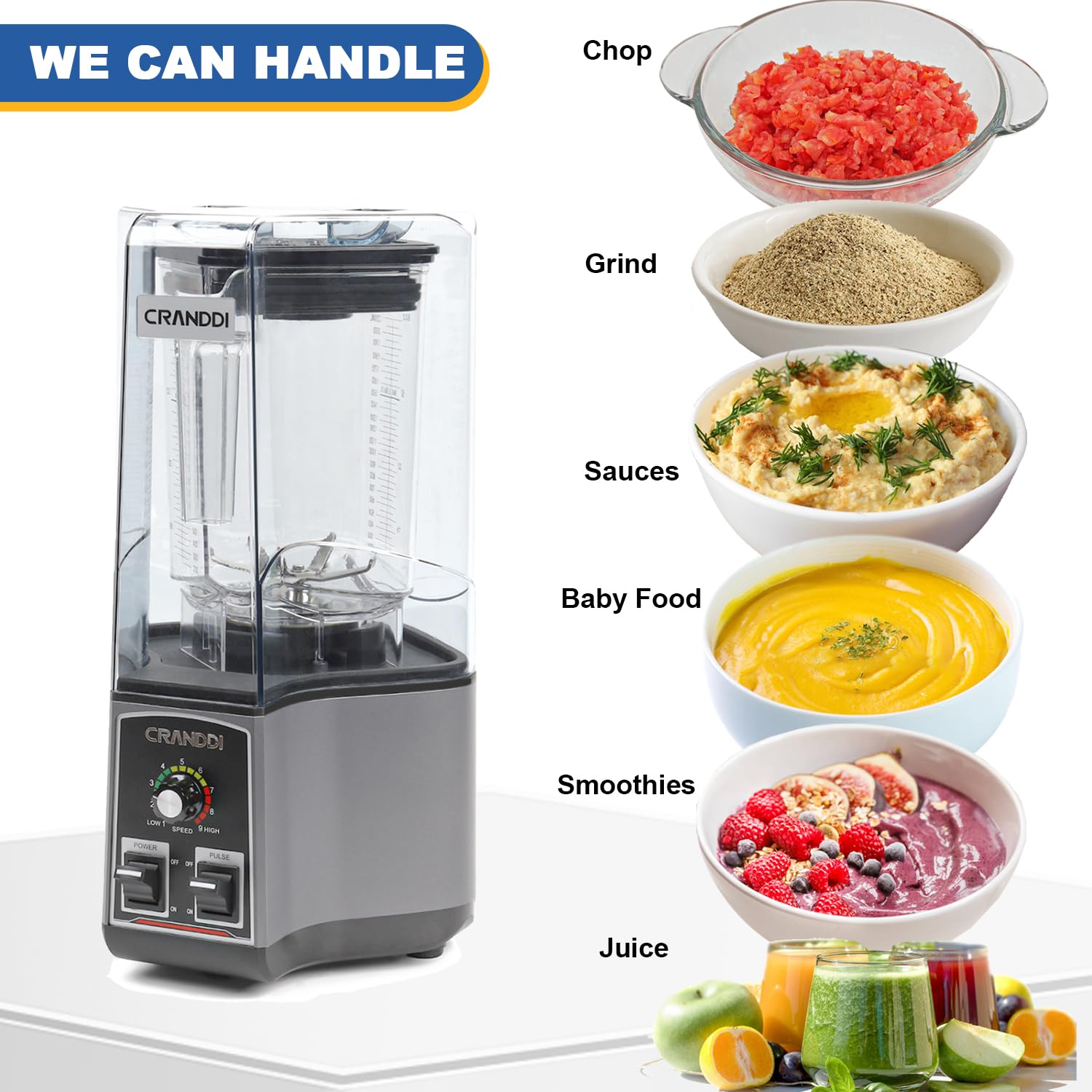 CRANDDI Commercial Blender, 80oz Blender for Crushing Ice, Chopping, Grinding, Blending, 1500W Blender with Tamper and Removable Soundproof Cover, K85 (Grey)