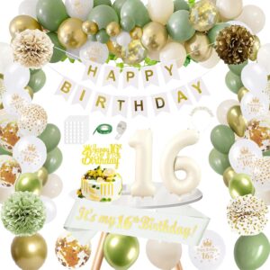 gyesxyw sage green 16th birthday decorations for girls, olive green and gold sweet 16 party decorations set, happy birthday banner, birthday sash, crown, confetti balloons for her party supplies