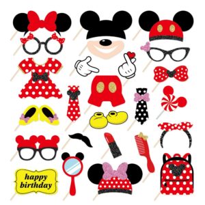 25pcs mini photo booth props with stick, cartoon mouse themed party selfie props, mouse birthday party supplies, mini mouse backdrop decorations for boy girl kids first 1st bday baby shower