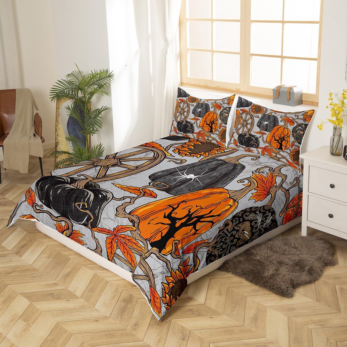 Feelyou Pumpkin Duvet Cover Full, Halloween Pumpkin Pumpkin Bedding Set Scary Halloween Comforter Cover Maple Leaves Bedspread Cover with 2 Pillow Case (No Comforter)