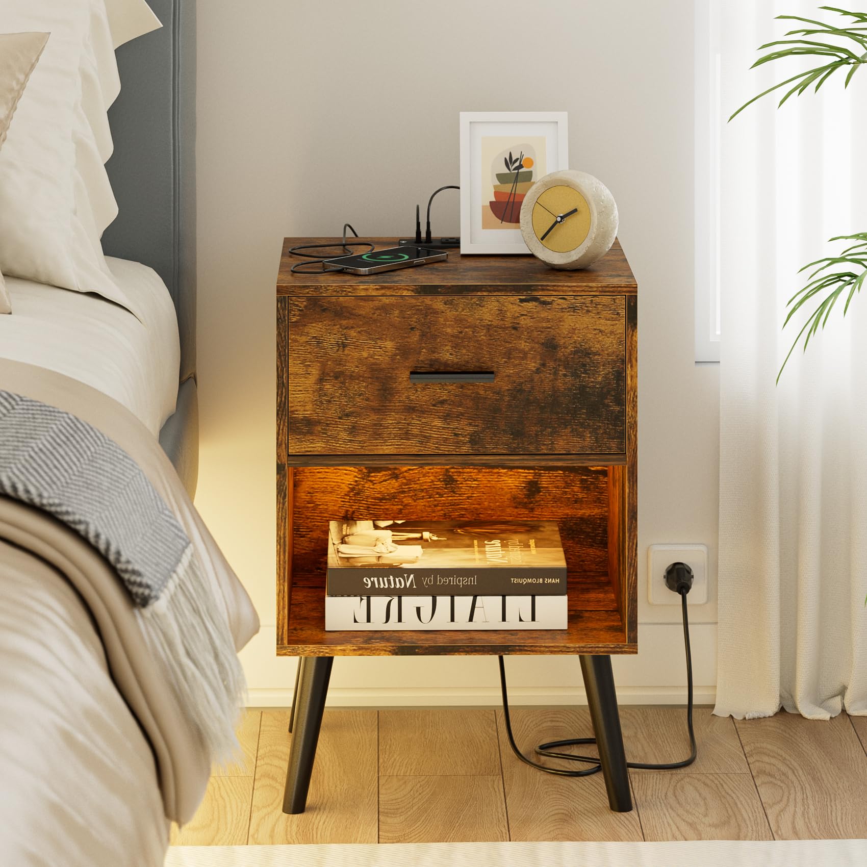 Aobafuir Nightstand with Charging Station and LED Lights, Small Side Table, Bedside Table with Drawer, Modern Night Stand, End Table for Bedroom, Living Room, Light Rustic Brown