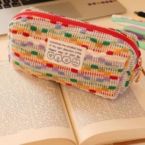 JHTPSLR Wool Knitting Pencil Pouch Colorful Knitting Wool Pencil Case Aesthetic Pencil Pouch Zipper Pen Bag Storage Bag Make Up Bag Stationery Organizer Bag for Office Travel (Multi)