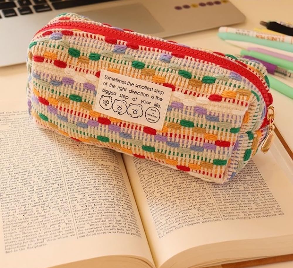 JHTPSLR Wool Knitting Pencil Pouch Colorful Knitting Wool Pencil Case Aesthetic Pencil Pouch Zipper Pen Bag Storage Bag Make Up Bag Stationery Organizer Bag for Office Travel (Multi)