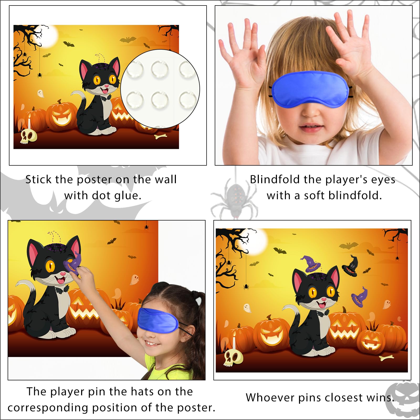 Morcheiong Halloween Game Pin The Tail on The Cat Game with 36 Hats, Halloween Party Activities Favors Supplies for Kids