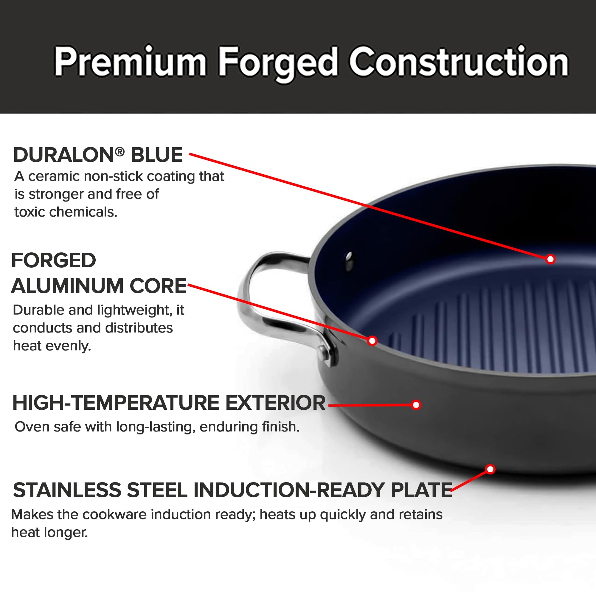 Nuwave 3Qt Skillet Forged Grill Pan, Tempered Glass Lid, G10 Healthy Duralon Blue Ceramic Ultra Non-Stick Coating, Oven & Dishwasher-Safe, Induction & Stove, Evenly Heats & Durable, Gray, PFAS Free