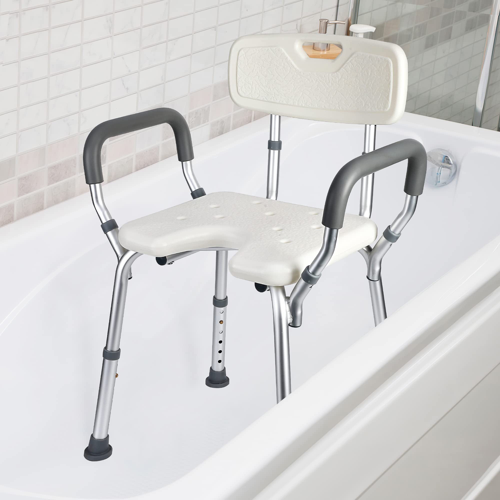 U Shower Chair Seat for Senior up to 350lb Capacity with Padded Armrests for Bathtub Slip Resistant Shower Seat Adjustable Height Shower Chair