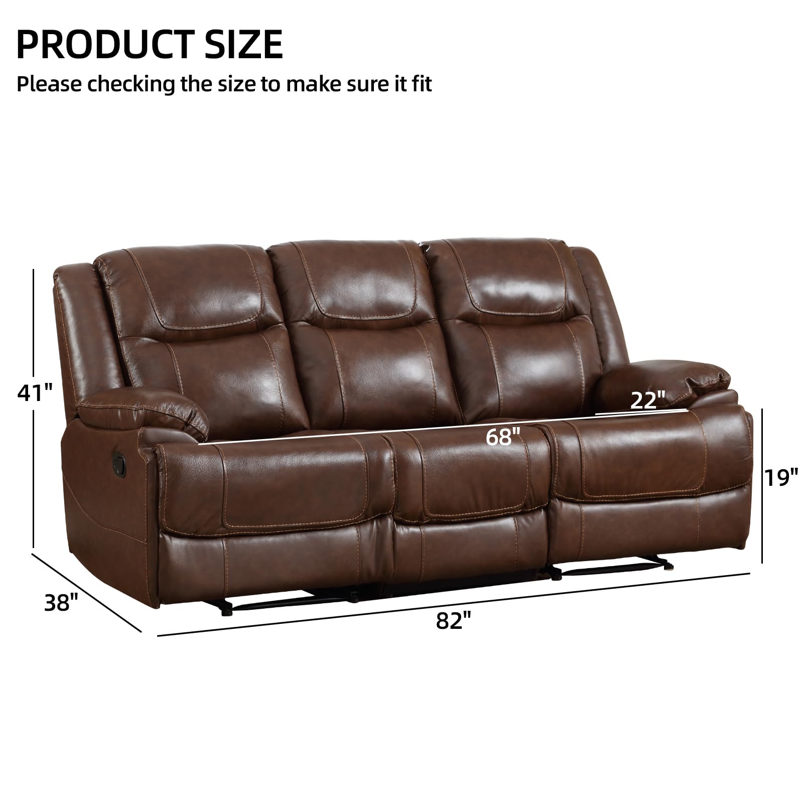 EBELLO Genuine Leather Manual Reclining Sofa, 3 Seat Recliner Sofa, Couch for Living Room, Bedroom Furniture, Meeting Room, Brown (3 Seat Sofa)