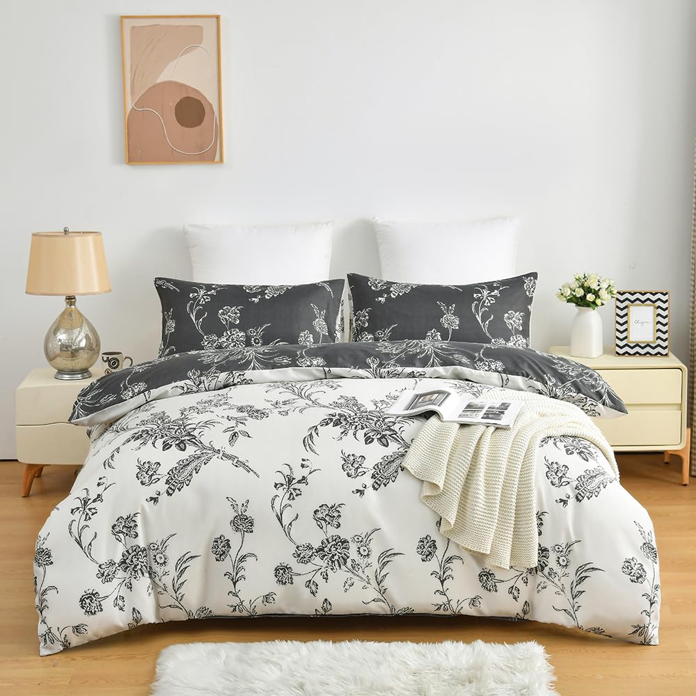 La Sheer Black Floral Duvet Cover King Size Garden Style Flower Microfiber Bedding Set with Zipper Smooth Soft Comforter Cover with 2 Pillow Shams(102x90 inches, 3 Pieces)