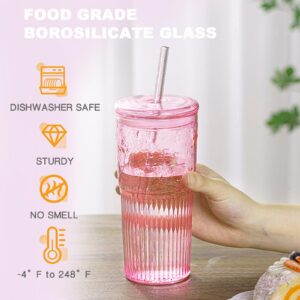 Glass Coffee Cups with Lids and Straws, 20 OZ Pink Iced Water Glasses Tumblers for Ice Juice, Tea, Milk, Smoothie and Cold or Hot Drinks, Set of 2